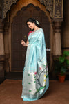 Parampara ~ Pure Silk Paithani with Munia Border, Silver Zari & Divine Deer Pallu in Powder Blue - verymuchindian.com