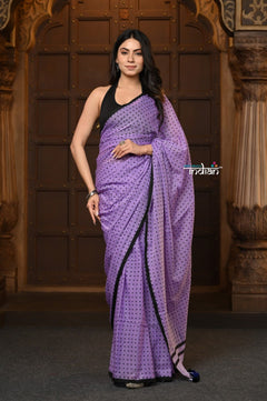 Parampara ~ Retro Style! Pure Mul Cotton Handloom Saree - Purple with Black Polka Dots - verymuchindian.com