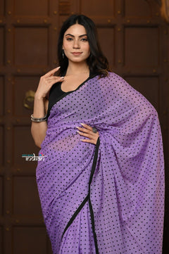 Parampara ~ Retro Style! Pure Mul Cotton Handloom Saree - Purple with Black Polka Dots - verymuchindian.com