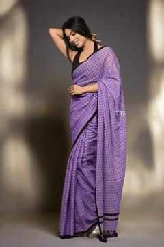 Parampara ~ Retro Style! Pure Mul Cotton Handloom Saree - Purple with Black Polka Dots - verymuchindian.com