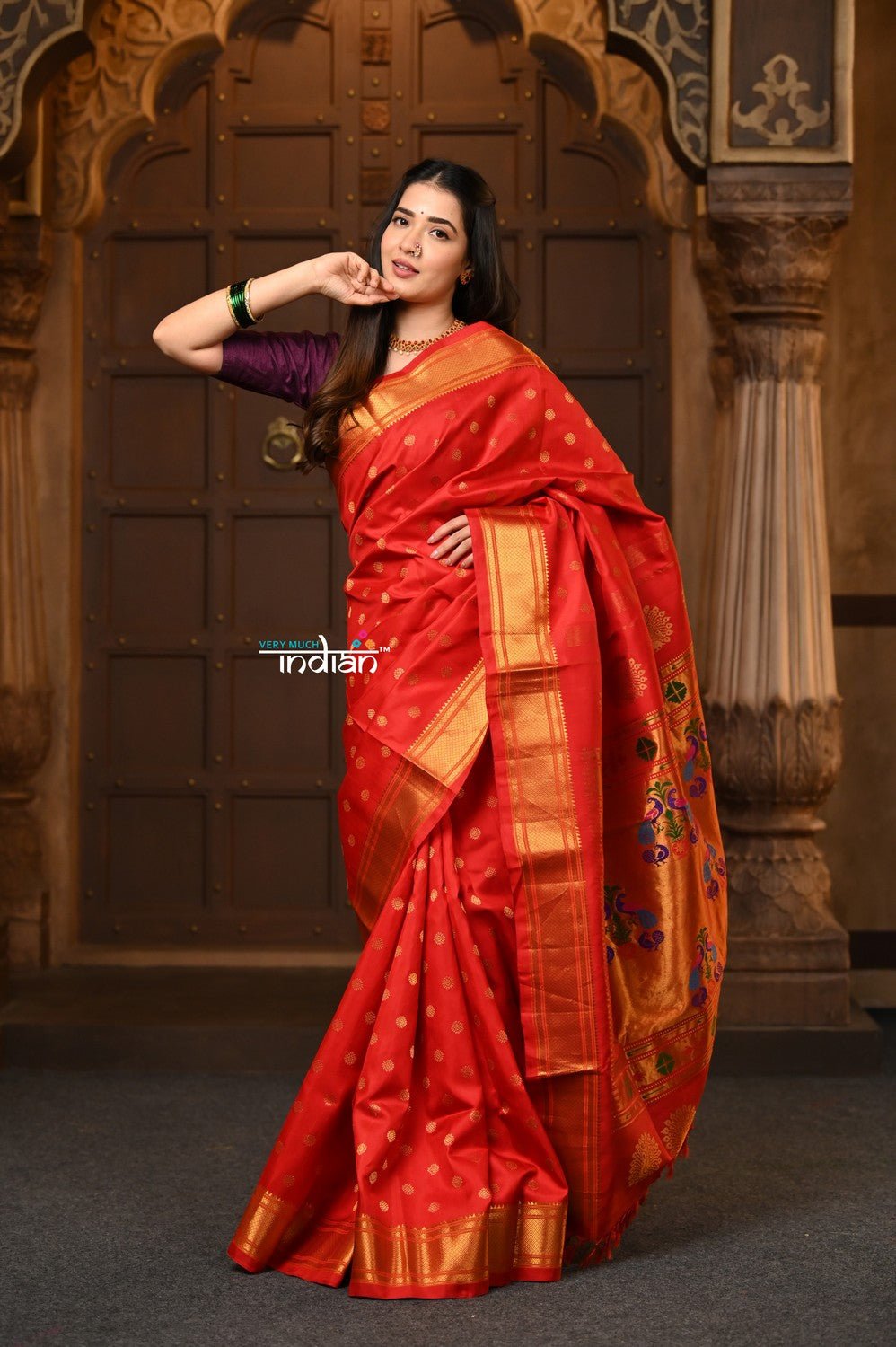 Parampara Revival ~ Handloom Pure Silk Maharani Paithani with Majestic Maharani Pallu in Bright Red - verymuchindian.com