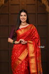 Parampara Revival ~ Handloom Pure Silk Maharani Paithani with Majestic Maharani Pallu in Bright Red - verymuchindian.com