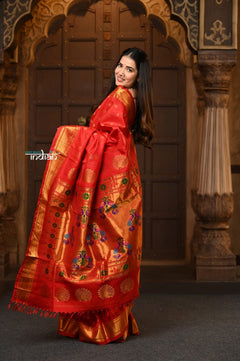 Parampara Revival ~ Handloom Pure Silk Maharani Paithani with Majestic Maharani Pallu in Bright Red - verymuchindian.com