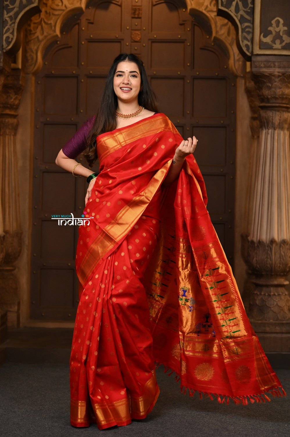 Parampara Revival ~ Handloom Pure Silk Maharani Paithani with Majestic Maharani Pallu in Bright Red - verymuchindian.com