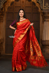 Parampara Revival ~ Handloom Pure Silk Maharani Paithani with Majestic Maharani Pallu in Bright Red - verymuchindian.com