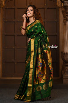 Parampara Revival ~ Handloom Pure Silk Maharani Paithani with Majestic Maharani Pallu in Royal Green - verymuchindian.com
