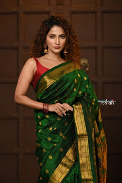 Parampara Revival ~ Handloom Pure Silk Maharani Paithani with Majestic Maharani Pallu in Royal Green - verymuchindian.com