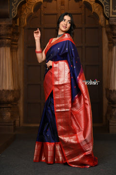 Parampara Revived ~ Gadwal Pure Silk Handloom Saree in Majestic Blue with Red Border - verymuchindian.com