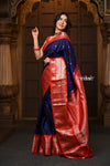 Parampara Revived ~ Gadwal Pure Silk Handloom Saree in Majestic Blue with Red Border - verymuchindian.com
