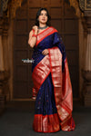 Parampara Revived ~ Gadwal Pure Silk Handloom Saree in Majestic Blue with Red Border - verymuchindian.com