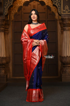 Parampara Revived ~ Gadwal Pure Silk Handloom Saree in Majestic Blue with Red Border - verymuchindian.com