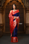 Parampara Revived ~ Gadwal Pure Silk Handloom Saree in Majestic Blue with Red Border - verymuchindian.com