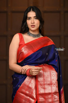 Parampara Revived ~ Gadwal Pure Silk Handloom Saree in Majestic Blue with Red Border - verymuchindian.com