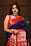 Parampara Revived ~ Gadwal Pure Silk Handloom Saree in Majestic Blue with Red Border - verymuchindian.com