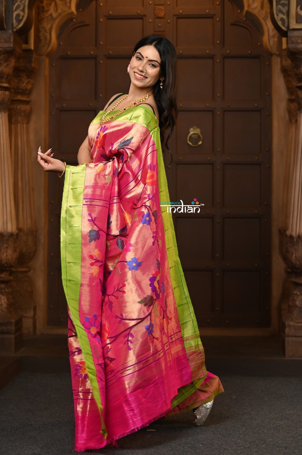 Parampara Revived - Woven Garden – Handloom All Over Pure Silk Paithani Saree with Floral Weave in Pink - verymuchindian.com