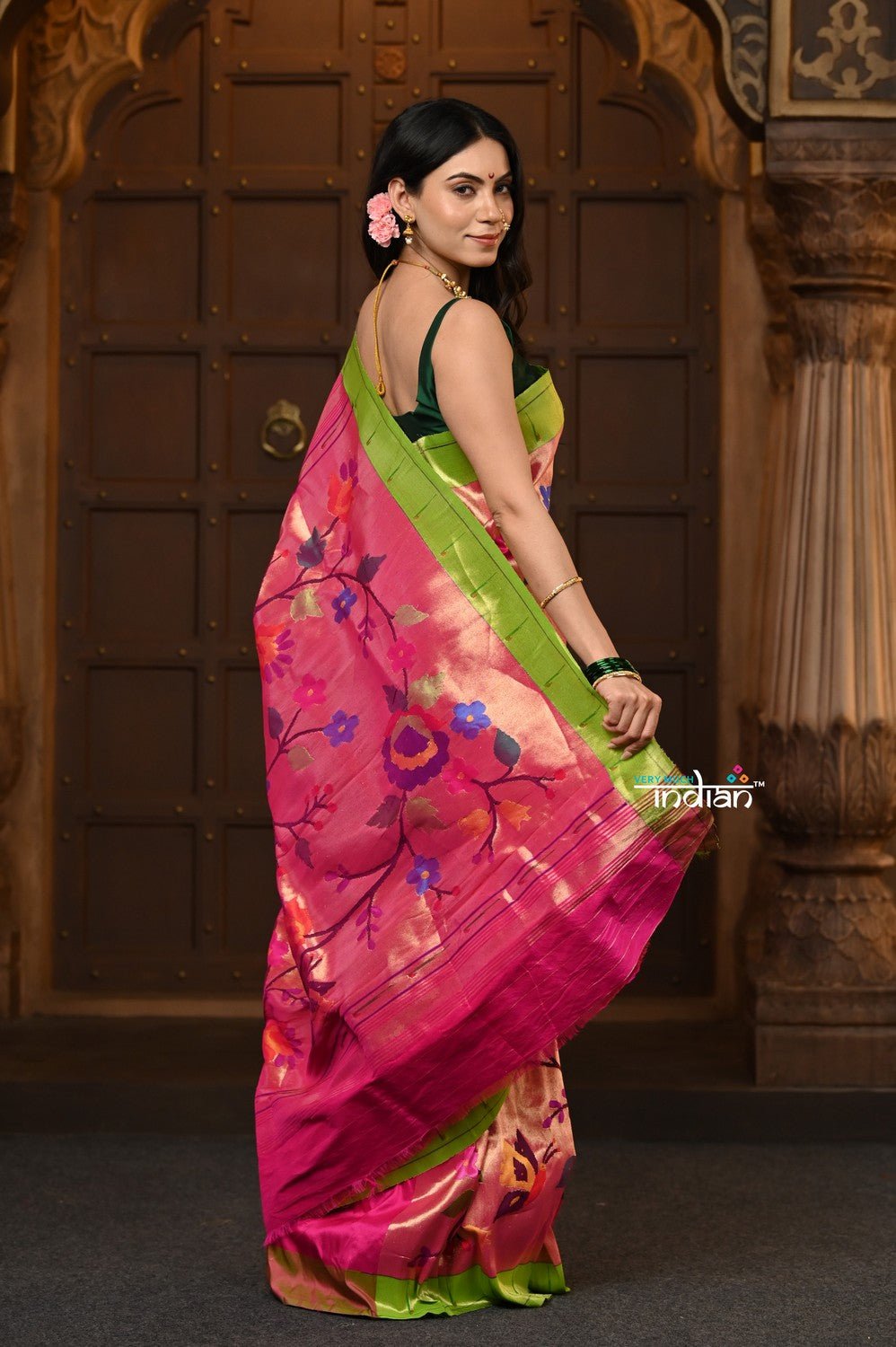 Parampara Revived - Woven Garden – Handloom All Over Pure Silk Paithani Saree with Floral Weave in Pink - verymuchindian.com