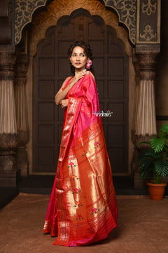 Parampura ~ Pure Silk Paithani with Exclusive Asawali Tawa Pallu in Rani Pink - verymuchindian.com