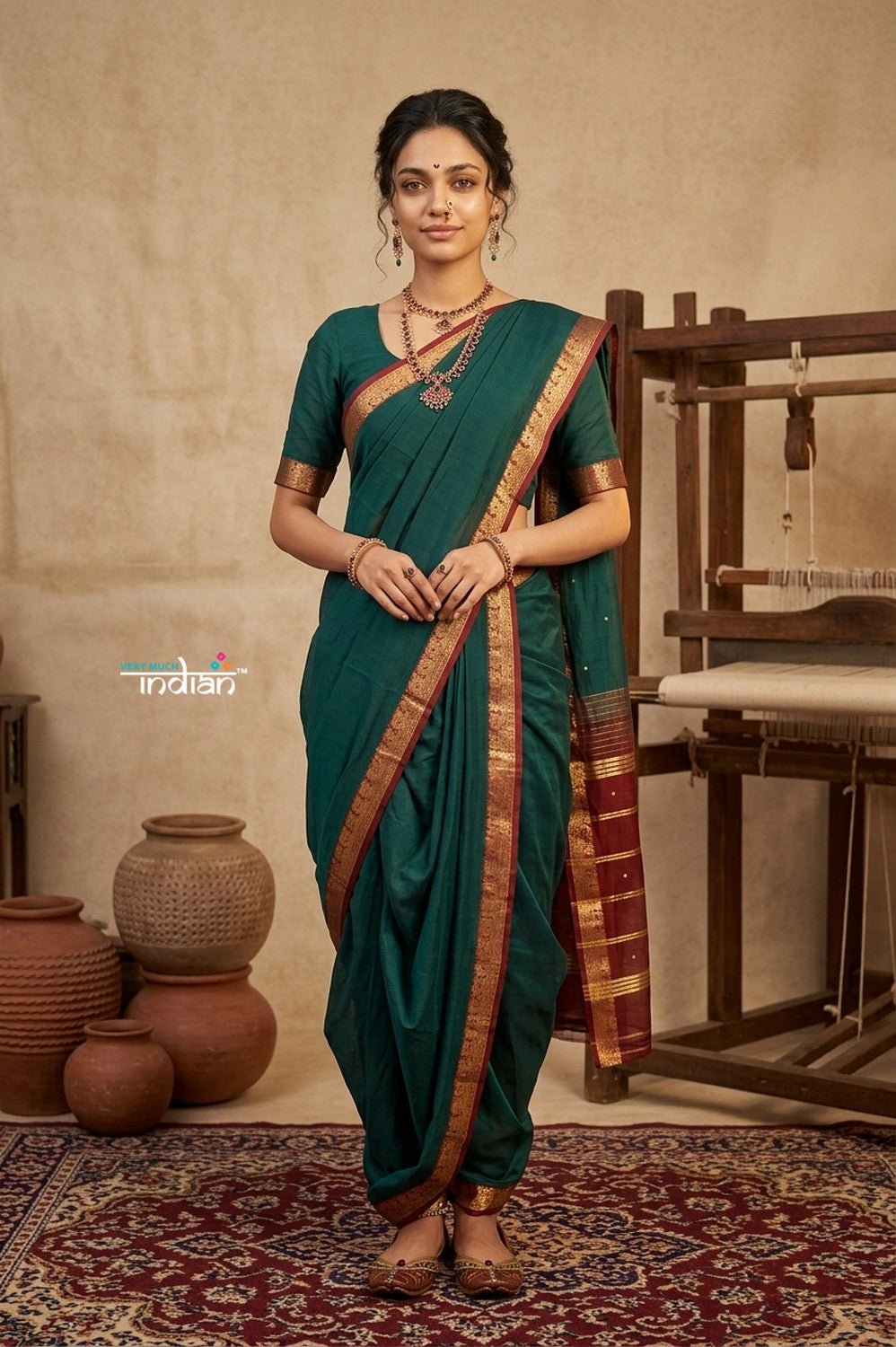 Peshwai That ~ Handloom Pure Cotton Royal Nauvari Saree in Azure Blue - verymuchindian.com