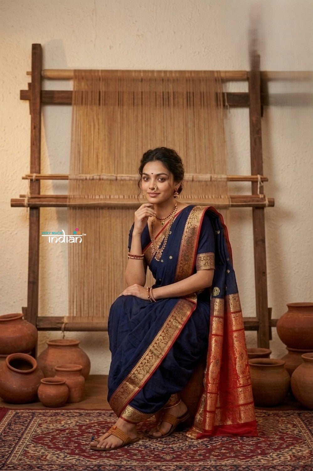 Peshwai That ~ Handloom Pure Cotton Royal Nauvari Saree in Cerulean Blue - verymuchindian.com