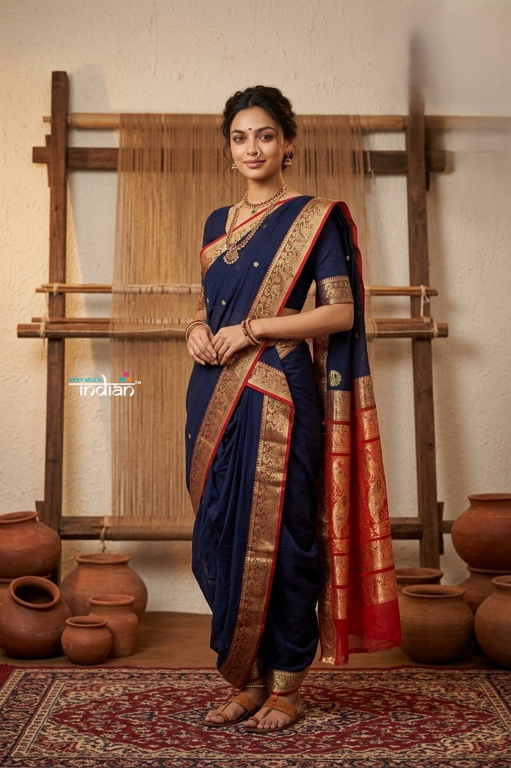 Peshwai That ~ Handloom Pure Cotton Royal Nauvari Saree in Cerulean Blue - verymuchindian.com