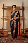 Peshwai That ~ Handloom Pure Cotton Royal Nauvari Saree in Cerulean Blue - verymuchindian.com