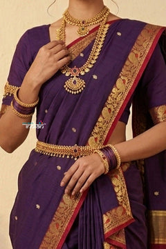 Peshwai That ~ Handloom Pure Cotton Royal Nauvari Saree in Dark Purple - verymuchindian.com