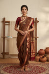 Peshwai That ~ Handloom Pure Cotton Royal Nauvari Saree in Hazel Brown - verymuchindian.com