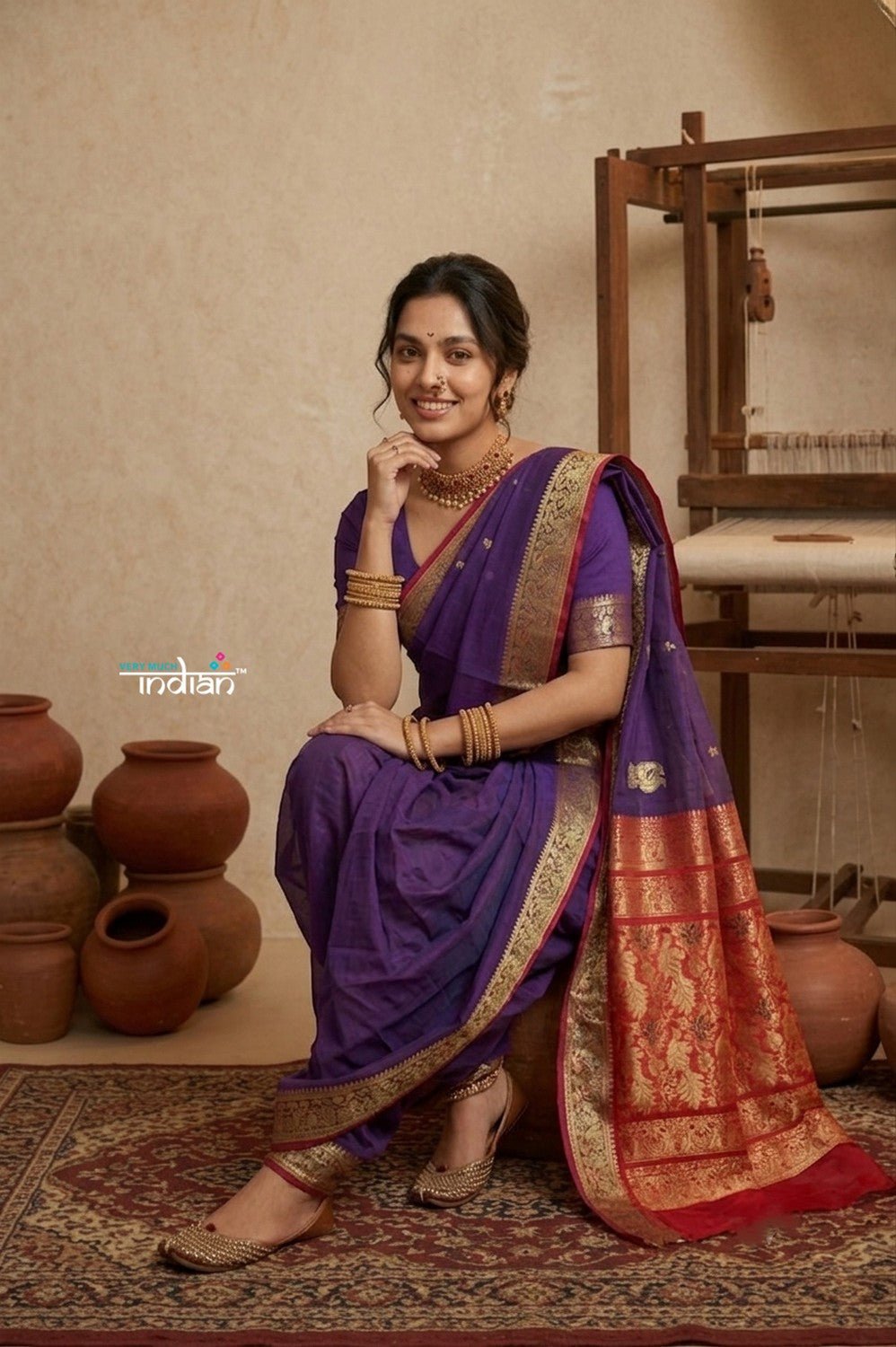 Peshwai That ~ Handloom Pure Cotton Royal Nauvari Saree in Purple - verymuchindian.com