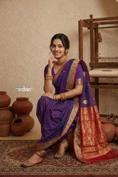 Peshwai That ~ Handloom Pure Cotton Royal Nauvari Saree in Purple - verymuchindian.com