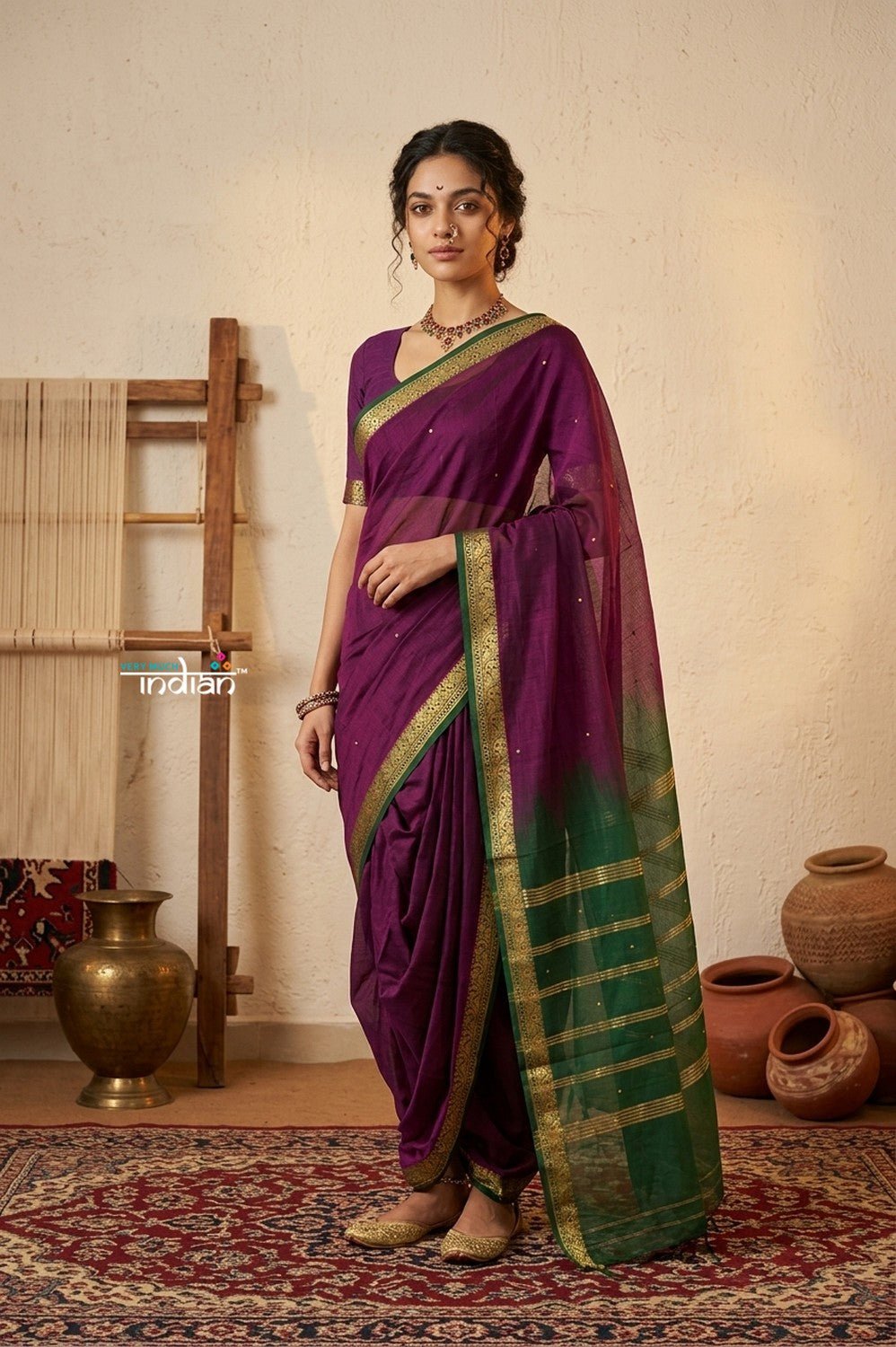Peshwai That ~ Handloom Pure Cotton Royal Nauvari Saree in Purple Pink - verymuchindian.com