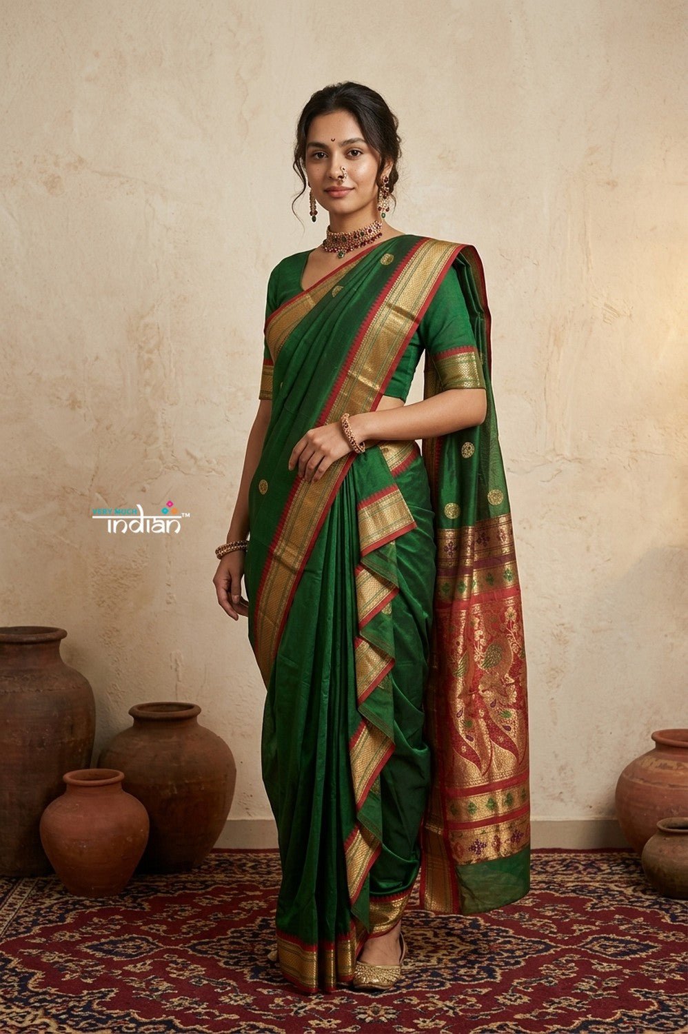 Peshwai That ~ Handloom Pure Cotton Royal Nauvari Saree in Royal Green - verymuchindian.com
