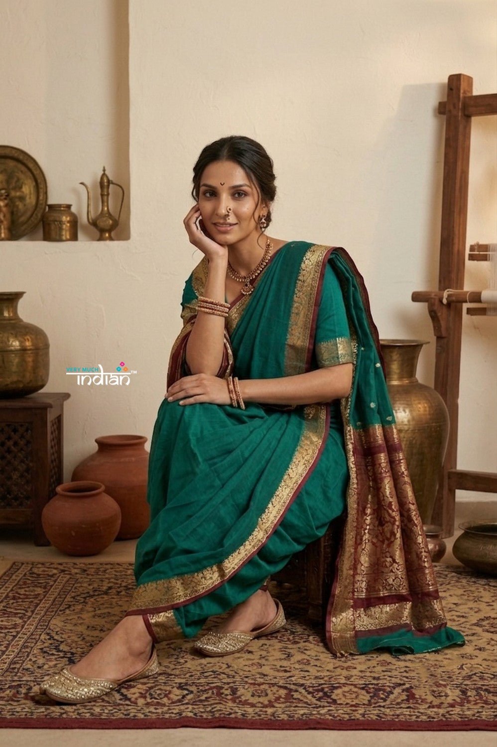 Peshwai That ~ Handloom Pure Cotton Royal Nauvari Saree in Sea Green - verymuchindian.com