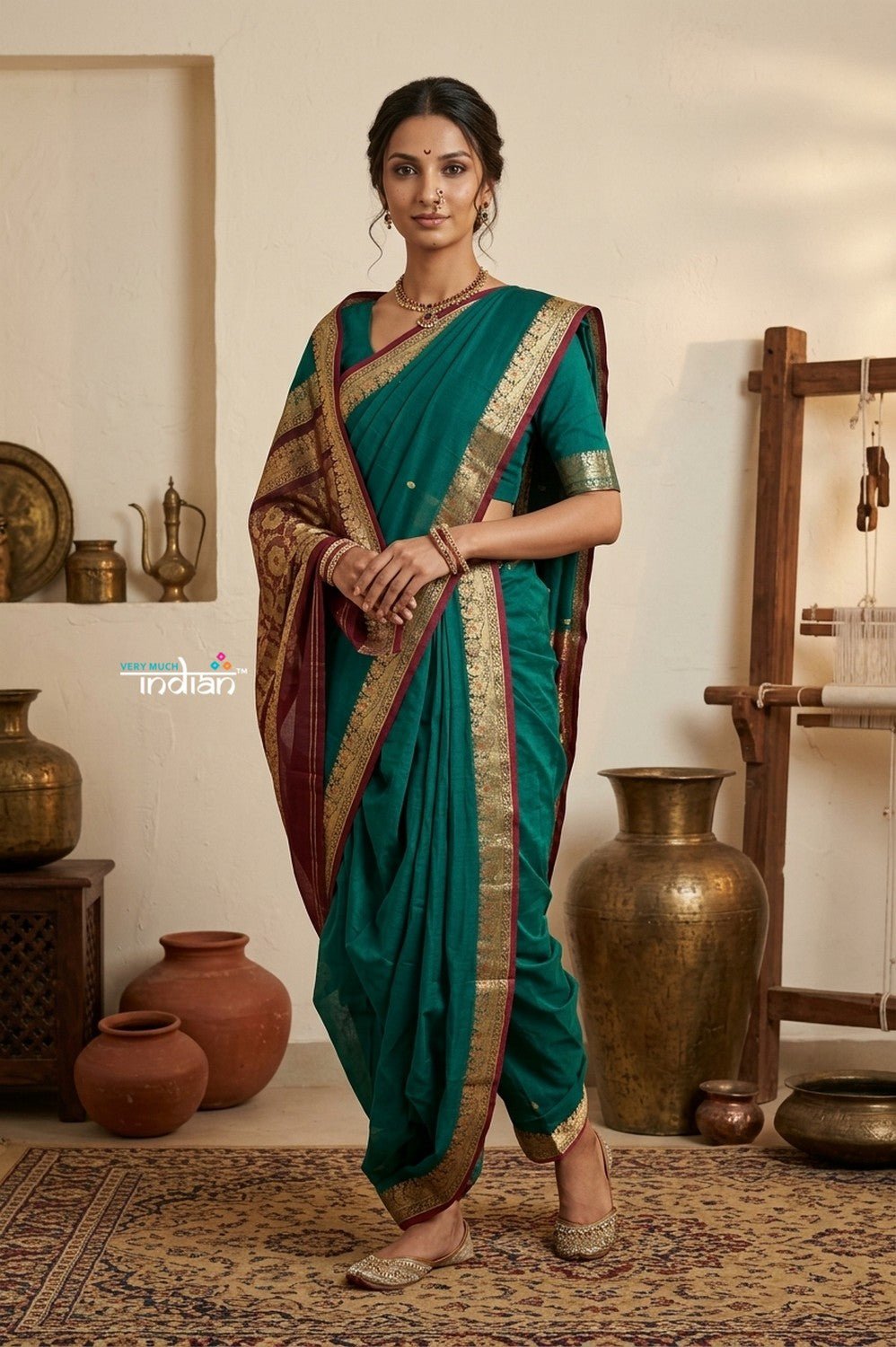 Peshwai That ~ Handloom Pure Cotton Royal Nauvari Saree in Sea Green - verymuchindian.com