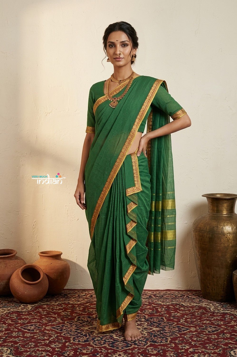 Peshwai That ~ Handloom Pure Cotton Royal Nauvari Saree in Serene Green - verymuchindian.com