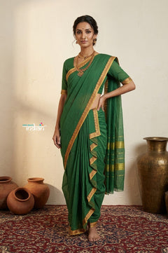 Peshwai That ~ Handloom Pure Cotton Royal Nauvari Saree in Serene Green - verymuchindian.com