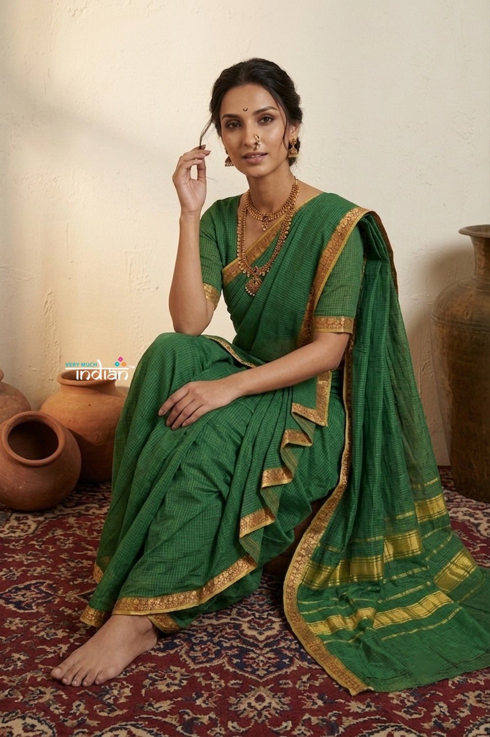 Peshwai That ~ Handloom Pure Cotton Royal Nauvari Saree in Serene Green - verymuchindian.com