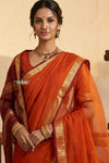 Peshwai That ~ Handloom Pure Cotton Royal Nauvari Saree in Sunset Orange - verymuchindian.com