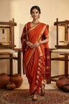 Peshwai That ~ Handloom Pure Cotton Royal Nauvari Saree in Sunset Orange - verymuchindian.com