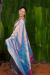 Precious Heritage Paithani ~ Pure Silk Handloom Softest Zari Muniya Border Paithani with Baro Panja Pallu in Powder Blue - verymuchindian.com