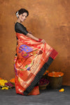 Premium ~ Handloom Pure Silk Zari Temple Border Saree With Handcrafted Peacock Pallu - Black - verymuchindian.com