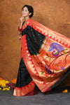 Premium ~ Handloom Pure Silk Zari Temple Border Saree With Handcrafted Peacock Pallu - Black - verymuchindian.com