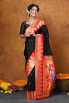 Premium ~ Handloom Pure Silk Zari Temple Border Saree With Handcrafted Peacock Pallu - Black - verymuchindian.com