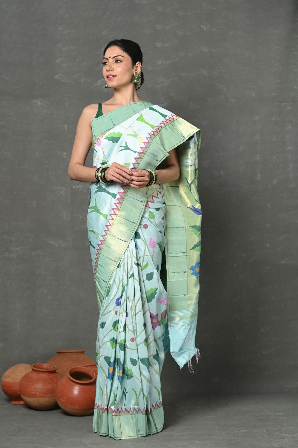 Premium! Masterpiece Handloom Powder Blue All Over Pure Silk Paithani Saree (2 months weaving) - verymuchindian.com