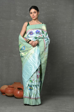 Premium! Masterpiece Handloom Powder Blue All Over Pure Silk Paithani Saree (2 months weaving) - verymuchindian.com