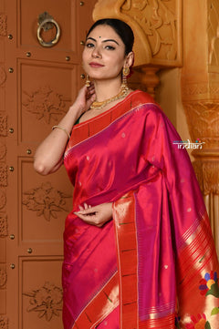 Premium ! Shubh ~ Handloom Pure Silk Muniya Border Paithani Saree with Exclusive Peacock Pallu in Rustic Pink - verymuchindian.com