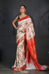 Premium Virasat ~ Handloom Patola with Pure Silk All Over Paithani Saree in White with Red Pallu - verymuchindian.com