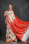 Premium Virasat ~ Handloom Patola with Pure Silk All Over Paithani Saree in White with Red Pallu - verymuchindian.com