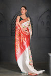 Premium Virasat ~ Handloom Patola with Pure Silk All Over Paithani Saree in White with Red Pallu - verymuchindian.com