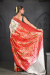 Premium Virasat ~ Handloom Patola with Pure Silk All Over Paithani Saree in White with Red Pallu - verymuchindian.com