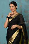 Prerna ~ Handloom Pure Chanderi Cotton Silk Saree With Golden Border - Black - verymuchindian.com